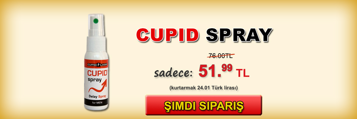 Tutma sprey erkekler için Cupid Spray+ hediye prezervatifler. Güzel bir sarı banner fiyat ve ürün tipini görüntülenir.