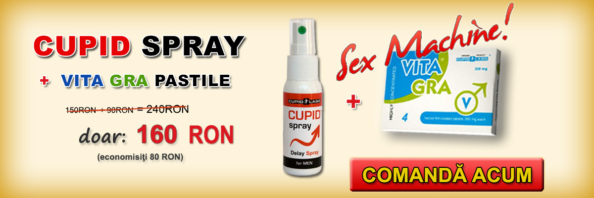 Setul pentru întârzierea ejaculării Vita gra & Cupid Spray + cadou 5 prezervative. Este ilustrat preţul şi tipul de produse într-un banner galben.