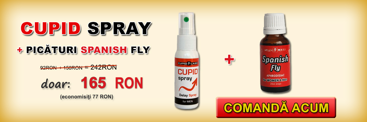 Spray-ul anti ejaculare precoce pentru bărbaţi şi Picăturile afrodisiace Spanish Fly + cadou 2 prezervative. Este ilustrat preţul şi tipul de produse într-un banner galben.