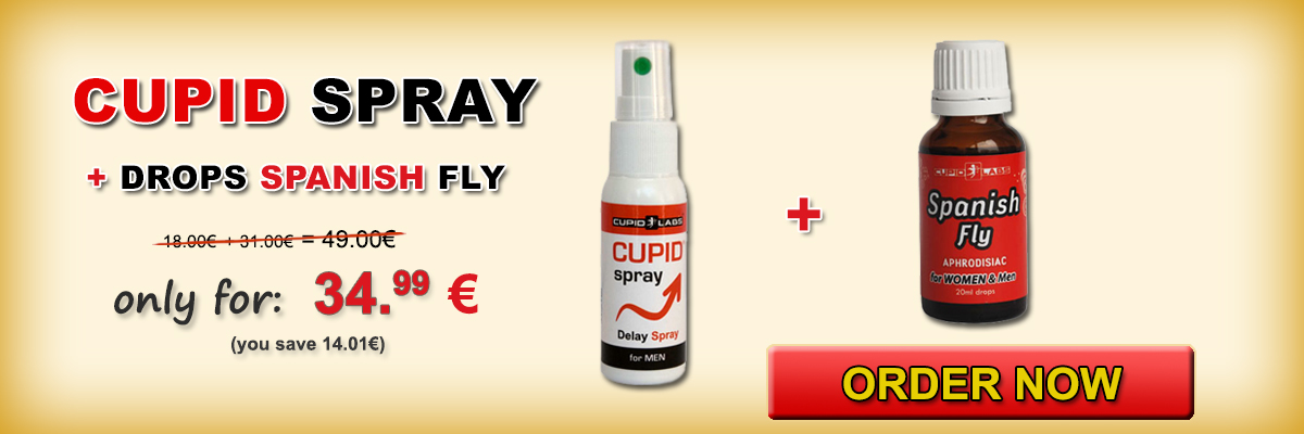 Deterrent Spray for men and Inflammatory drops of Spanish Fly 2 plus free condoms. Displayed price and type of products in a beautiful yellow banner.