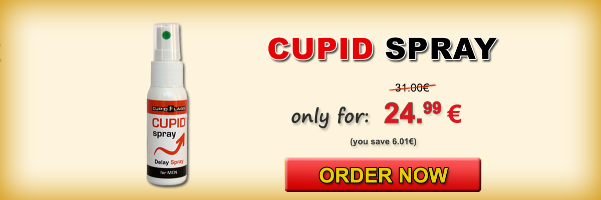 Deterrent Spray for men Cupid Spray + gift condoms. Displayed price and type of products in a beautiful yellow banner.